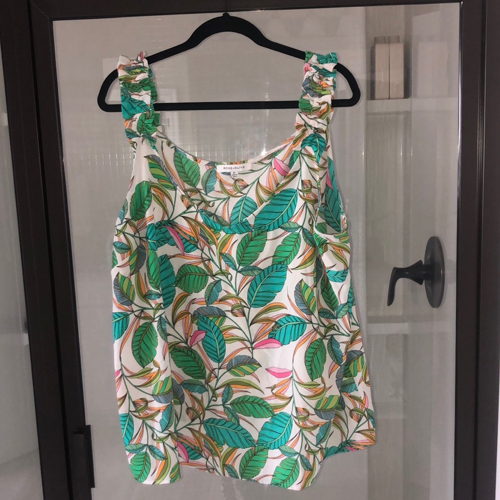 Rose + Olive tropical palm print ruched ruffle straps island vacation 2X summer